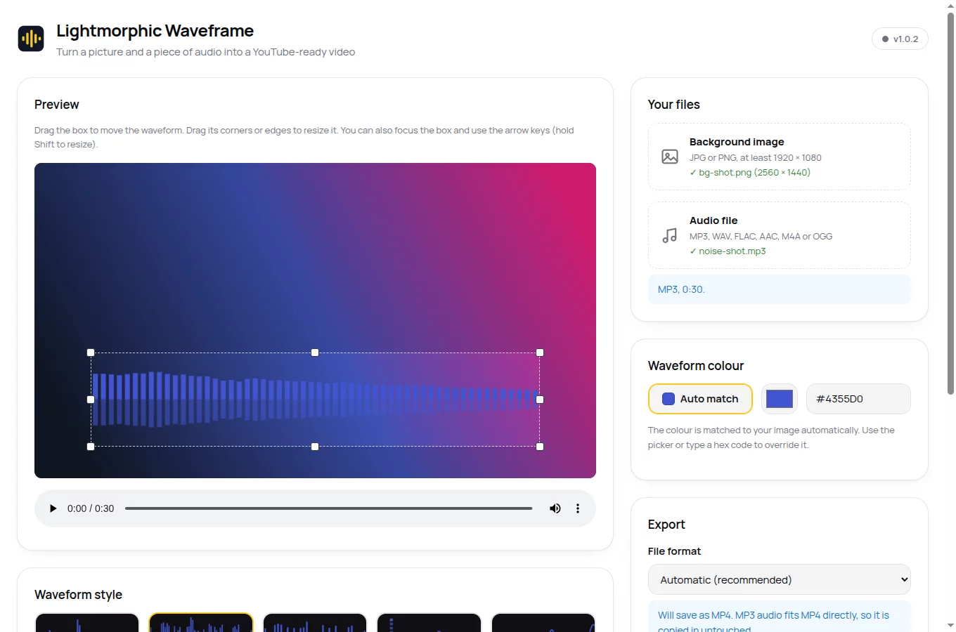 The Waveframe window: a background image in a 16:9 preview with a resizable waveform box over it, file pickers, a colour panel and an export panel.