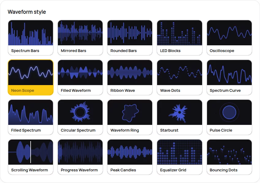 The style picker showing twenty animated waveform thumbnails, including bars, rings, dots, grids and scopes.